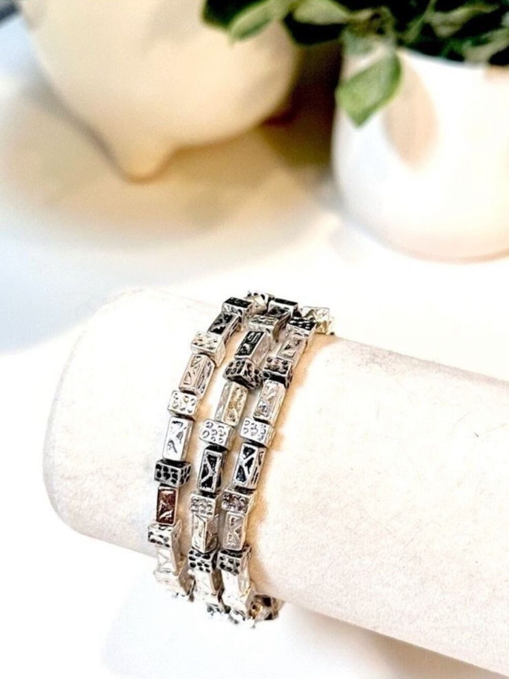 CHICO's Rectangle Engraved Bead 3 Strand Stacked Stretch Bracelet NWT